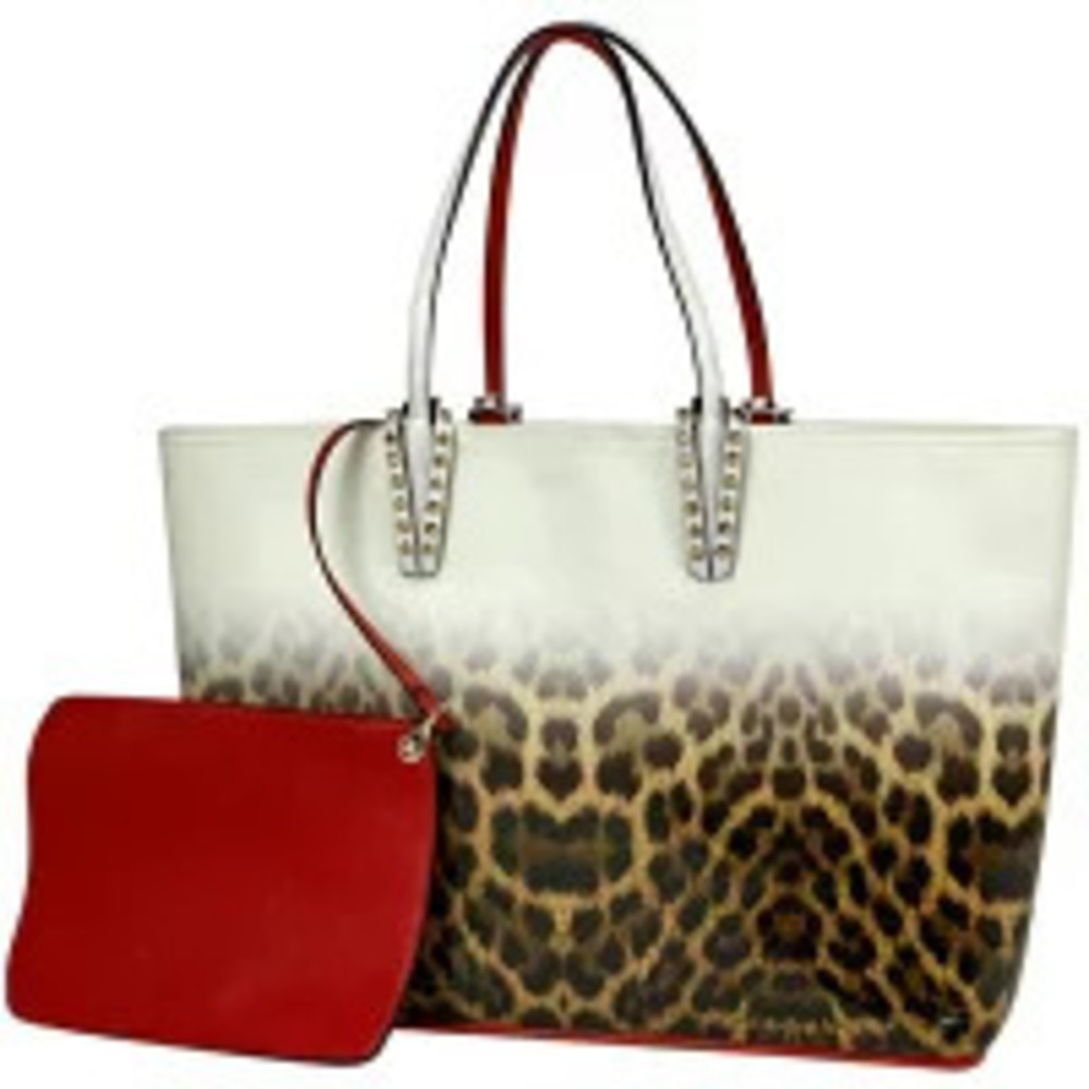 Christian Louboutin Cabata Tote Bag Shoulder Studded Leopard Vinyl White